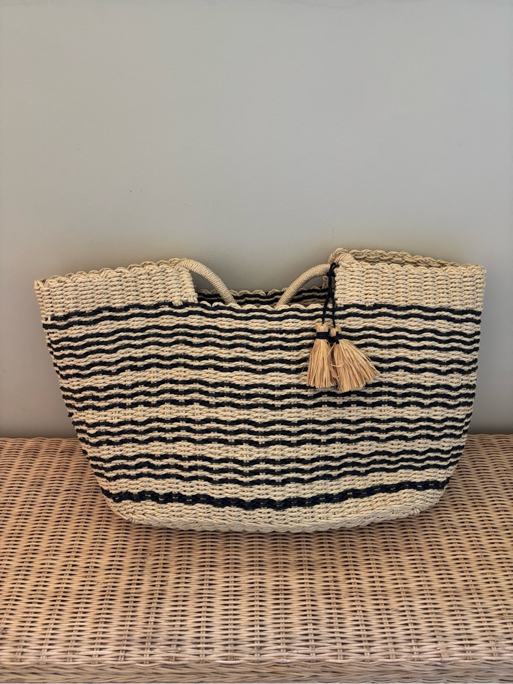 Woven Straw Tote Bag with Black Stripe Detail - Picture 5 of 5
